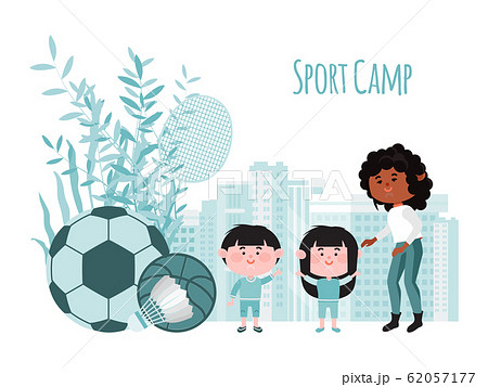 Summer children camp concept. Summer sport school for boys and girls vector illustration. Sports childhood, outdoor activity and games Summer children camp concept. Summer sport school for boys and girls vector illustration. Sports childhood, outdoor activity and games 62057177