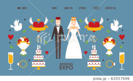Wedding expo website design, vector illustration. Landing page template with symbols and icons of love in simple flat style. Abstract newlywed couple figures Wedding expo website design, vector illustration. Landing page template with symbols and icons of love in simple flat style. Abstract newlywed couple figures 62057696