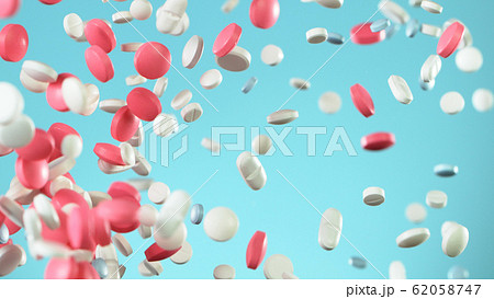 Freeze motion of flying pills on white background Freeze motion of flying pills on white background 62058747