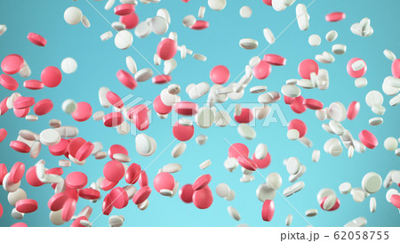 Freeze motion of flying pills on white background Freeze motion of flying pills on white background 62058755