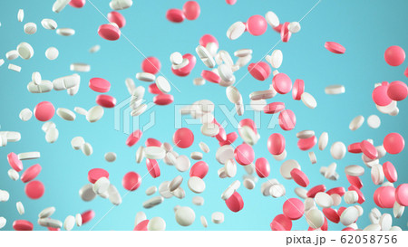 Freeze motion of flying pills on white background Freeze motion of flying pills on white background 62058756