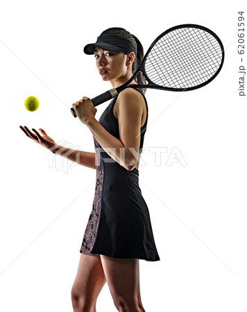 young tennis player asian woman isolated white brackground silhouette 62061594