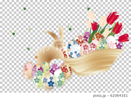 イースター和柄の卵にうさぎと春の花が木の器に入ったイラストの横スタイル背景素材 62064381