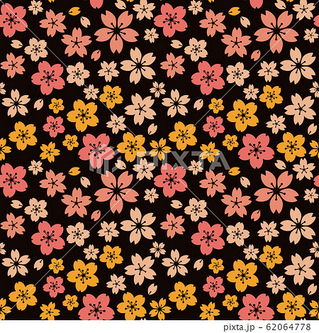 芝桜の花柄パターン 黄色 オレンジ色 レトロ サイケデリック 夜桜のイラスト素材