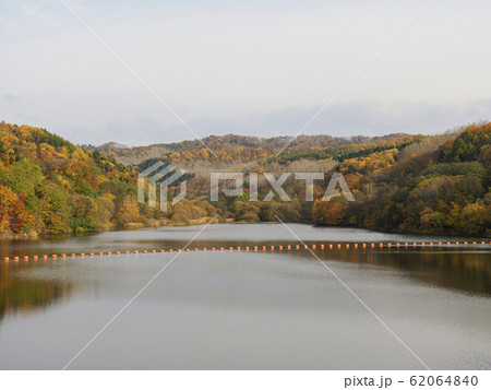 紅葉の木々と栗山ダム　浮かぶブイ 62064840