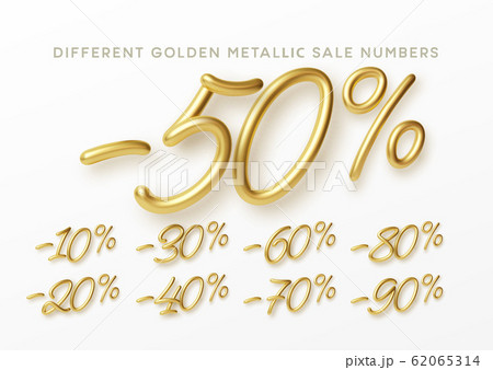 Golden numbers in 3d style. Numbers with liquid effect of a golden metallic gradient in volumetric style. Isolated numbers on a white background. Vector illustration 62065314