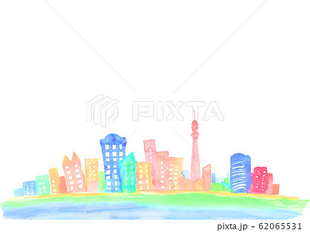 都市 街 街並み 背景 イラスト 水彩 手描きのイラスト素材