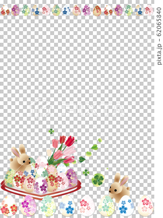 イースター和柄の卵とうさぎに春の花やクローバーをお皿に飾ったイラストの縦スタイル背景素材 62065840
