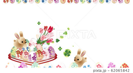 イースター和柄の卵とうさぎに春の花やクローバーをお皿に飾ったイラストのバナー素材のイラスト素材