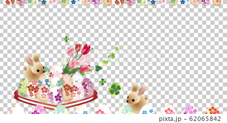 イースター和柄の卵とうさぎに春の花やクローバーをお皿に飾ったイラストのバナー素材のイラスト素材