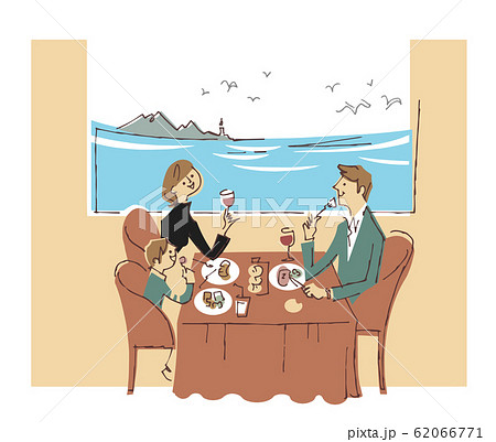 海が見えるレストランで食事する家族 のイラスト素材