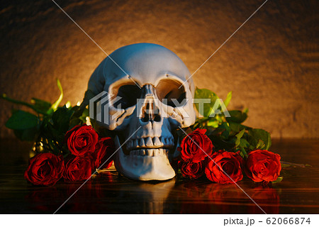 Red roses flower bouquet on rustic wood with skull 62066874