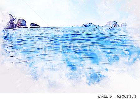 Abstract Colorful mountain peak and soft wave sea water on watercolor illustration painting background 62068121