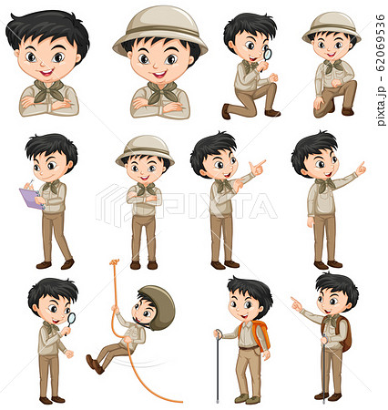 Boy in safari outfit doing different activities 62069536