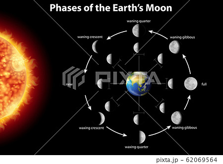 Diagram showing phases of the moon on earth Diagram showing phases of the moon on earth 62069564