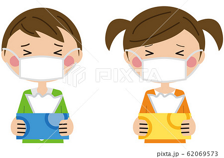 ポップな子ども マスクをしてティッシュ箱を持つのイラスト素材