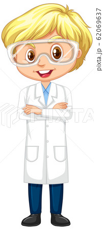 Boy in lab gown standing on white background 62069637