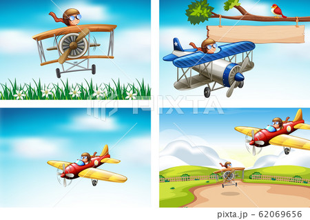Four scenes with airplane flying in the sky 62069656