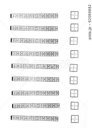 音楽判テンプレート 消しゴムはんこで製作されたエレキベースの指板表と記入ボックス 62069882
