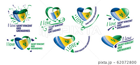 National flag of the Saint Vincent and the Grenadines in the shape of a heart and the inscription I love Saint Vincent and the Grenadines. Vector illustration 62072800