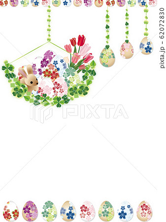 イースターエッグオーナメントと春の花やうさぎのイラスト縦スタイル背景素材のイラスト素材 67