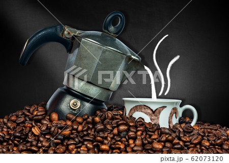 Italian Coffee Maker with Cup and Roasted Coffee Beans 62073120