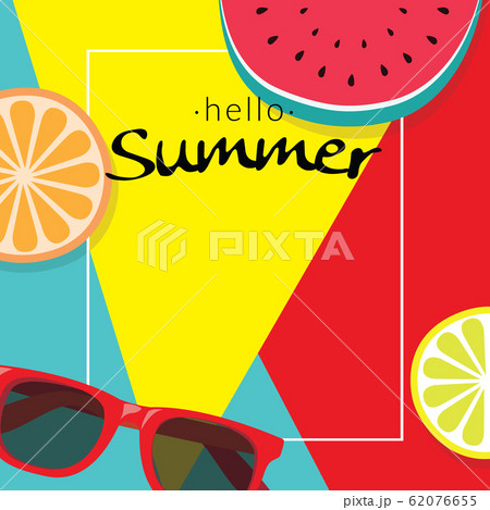 word "hello summer" with copy space template banner with pieces of tropical fruit on colorful background. vector summer background for banner, poster, flyer, card, postcard, cover, brochure 62076655