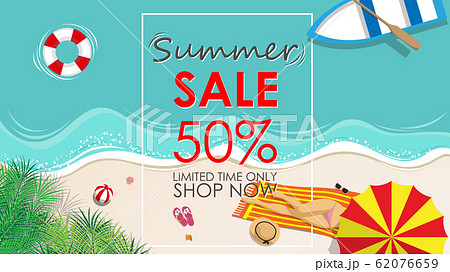 summer sale discount 50 percent off template banner with beach accessories background. vector summer sale background for banner, poster, flyer, card, postcard, cover, brochure for promote , marketing summer sale discount 50 percent off template banner with beach accessories background. vector summer sale background for banner, poster, flyer, card, postcard, cover, brochure for promote , marketing 62076659