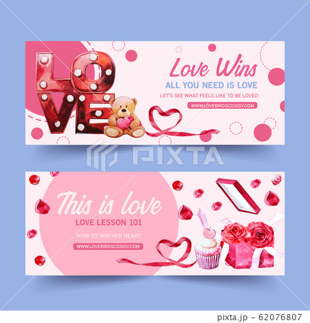 Love banner design with rose, bear, ribbon watercolor illustration Love banner design with rose, bear, ribbon watercolor illustration 62076807
