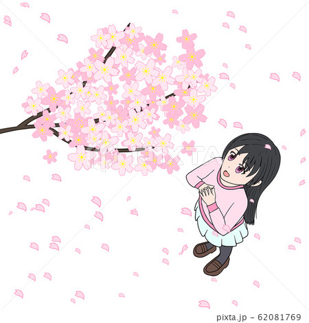 桜を見ている女の子のイラスト素材