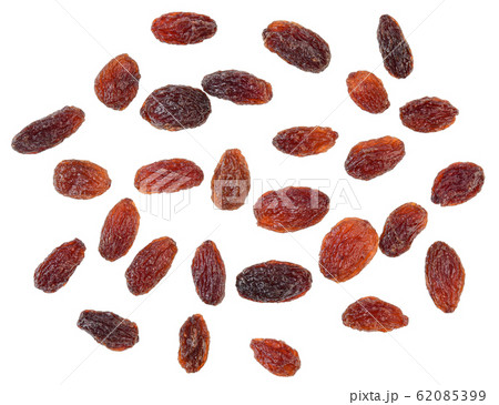 Top view of Dried raisins isolated on white 62085399