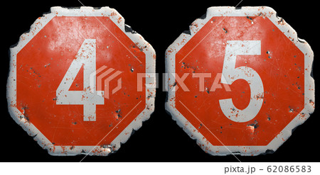 Set of numbers 4, 5 made of public road sign in red and white with a capital in the center isolated on black background. 3d Set of numbers 4, 5 made of public road sign in red and white with a capital in the center isolated on black background. 3d 62086583