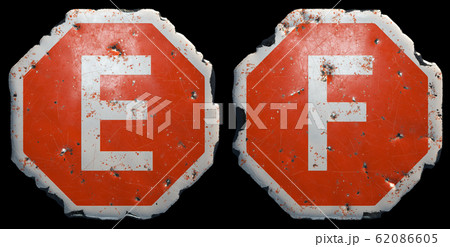 Set of letters E, F made of public road sign in red and white with a capital in the center isolated on black background. 3d Set of letters E, F made of public road sign in red and white with a capital in the center isolated on black background. 3d 62086605