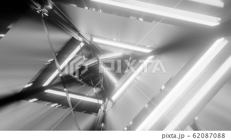 abstract 3d illustration background with abstract rotating metal triangle design with glowing lights 62087088