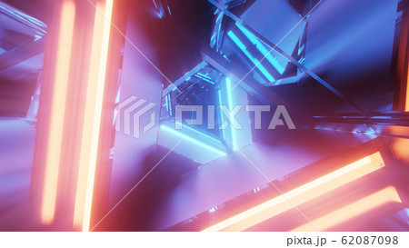 abstract 3d illustration background with abstract rotating metal triangle design with glowing lights abstract 3d illustration background with abstract rotating metal triangle design with glowing lights 62087098