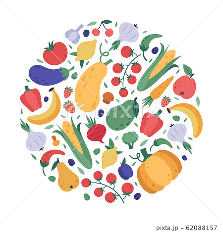 Vegetables and fruits pattern. Kitchen veggies and fruits hand drawn doodle rounded poster, fresh organic vegetarian wrapping, healthy lifestyle vector colourful background 62088157