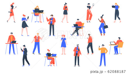 People with devices. Men and women use laptop, tablet and smartphones, characters with internet devices equipment, holding and using digital gadgets vector illustration set 62088187