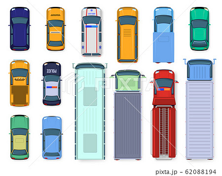 Car top view. Street vehicle engine roof viewing, traffic cars, city bus, ambulance and truck, public and civil transport isolated vector illustration set Car top view. Street vehicle engine roof viewing, traffic cars, city bus, ambulance and truck, public and civil transport isolated vector illustration set 62088194