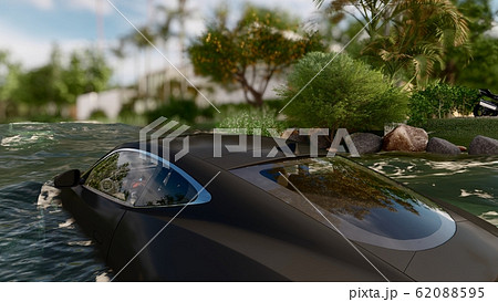cars driving on a flooded road during a flood caused by heavy rain 3d rendering 62088595