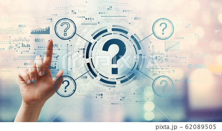 Question marks with hand pressing a button 62089505