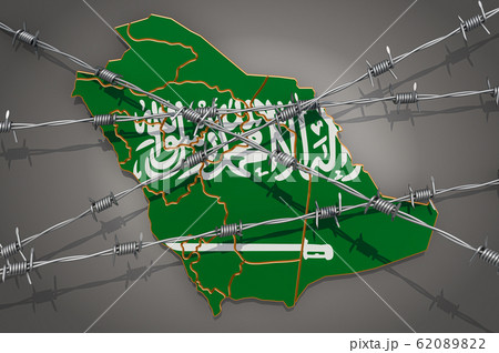 Map of Saudi Arabia with barbed wire, 3D rendering 62089822
