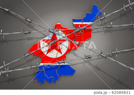 Map of North Korea with barbed wire, 3D rendering 62089831
