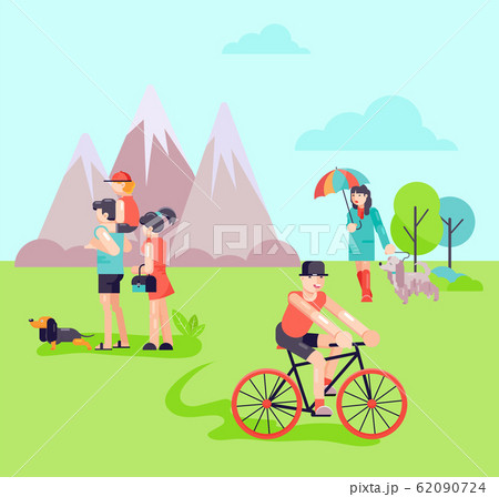 Different people in park with dogs vector illustration. Family with child girl young man on bicycle. Place for walking dogs and outdoor activities. Mountain background. 62090724