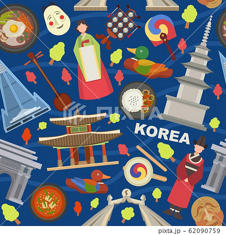 Korea landmarks and symbols vector illustration seamless pattern. Tourists trip invitation advertising to Korea. People in traditional clothes, architecture, food, mask. 62090759