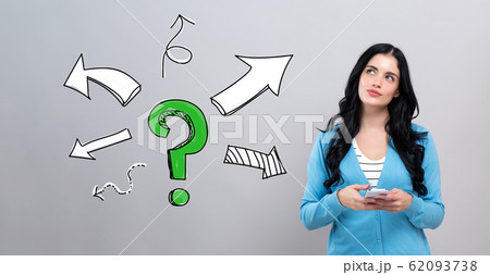 Question mark with arrows with woman holding a smartphone Question mark with arrows with woman holding a smartphone 62093738