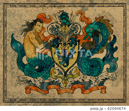 Antique gobelin with heraldic mermaid and fish... - Stock