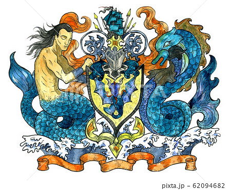 Colorful heraldic emblem with mermaid and dolphic isolated on white. Colorful engraved illustration with mythology and fantasy creatures in old style, medieval coat of arms 62094682