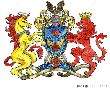 Heraldic emblem with unicorn and lion beast - Stock