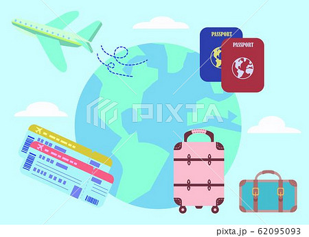 旅行 飛行機 スーツケース パスポート 航空券 イラストセットのイラスト素材