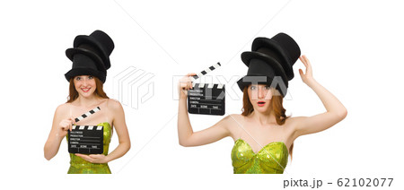 Woman with movie clapboard isolated on white 62102077